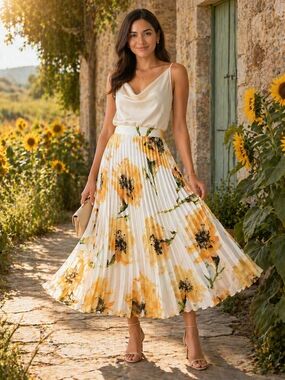 Blumarine White Pleated Sunflower Midi Skirt – Size 6, NWT Summer Fresh Cute
